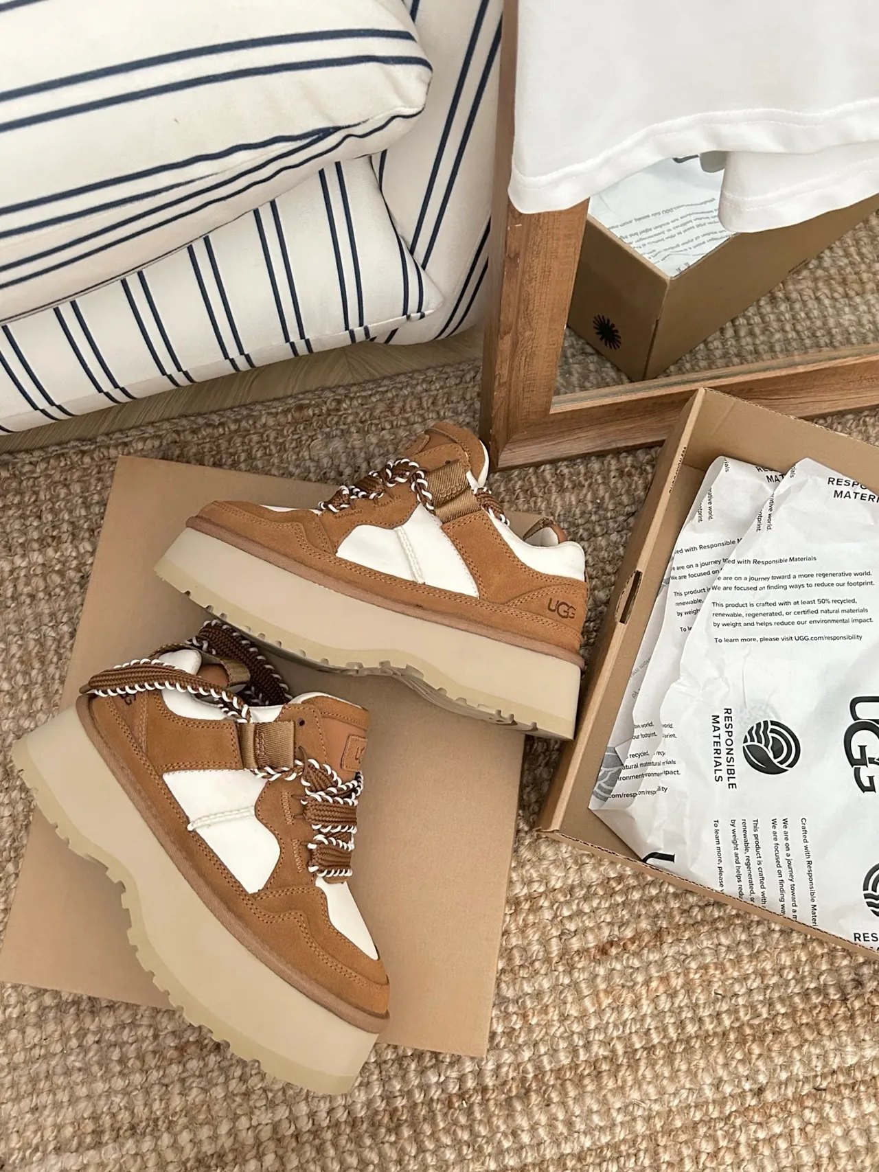UGG Brown White Platform Sole Braided Rope Laces Chunky Sneakers 9