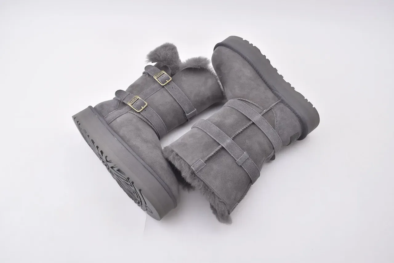 UGG Double Buckle Shearling-Lined Gray Snow Boots 2