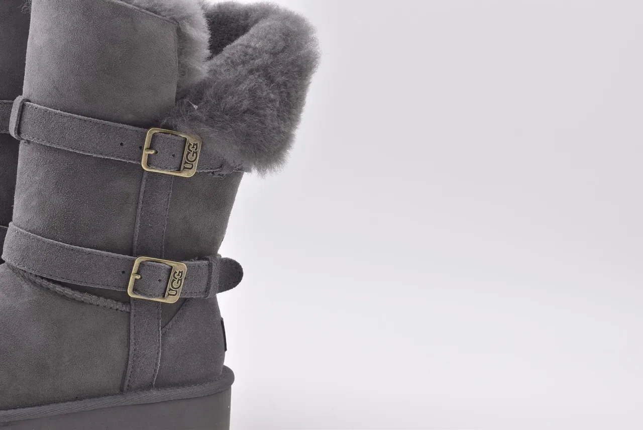 UGG Double Buckle Shearling-Lined Gray Snow Boots 3