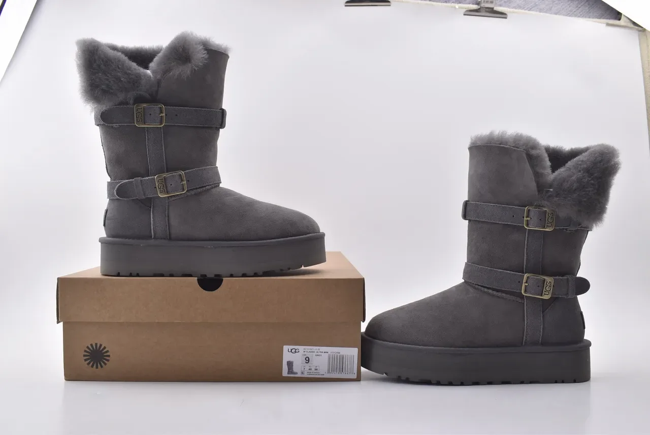 UGG Double Buckle Shearling-Lined Gray Snow Boots 6