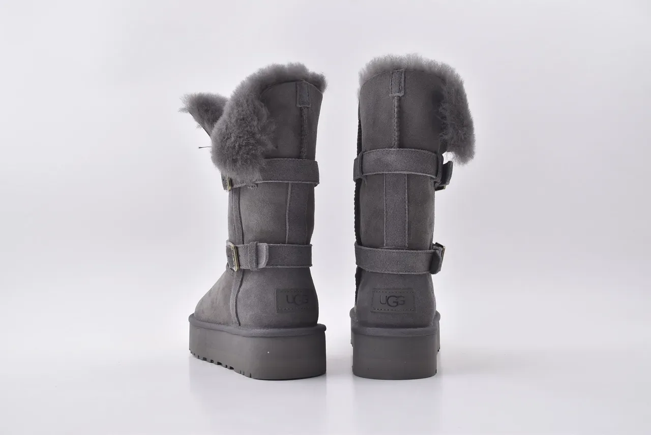 UGG Double Buckle Shearling-Lined Gray Snow Boots 7
