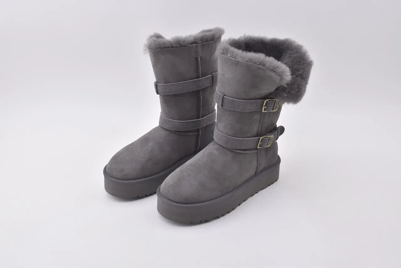UGG Double Buckle Shearling-Lined Gray Snow Boots 8