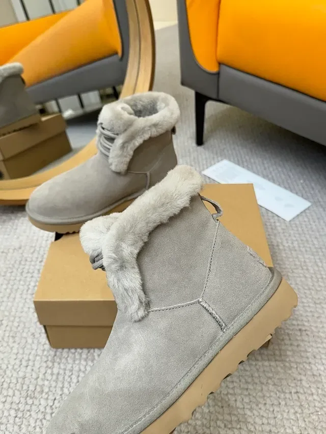 UGG Gray Beige Suede Upper Foldable Shearling Cuff Ankle Boots 3