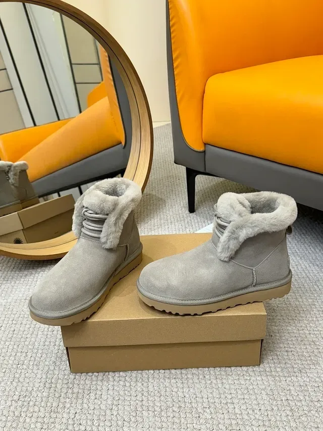UGG Gray Beige Suede Upper Foldable Shearling Cuff Ankle Boots 5