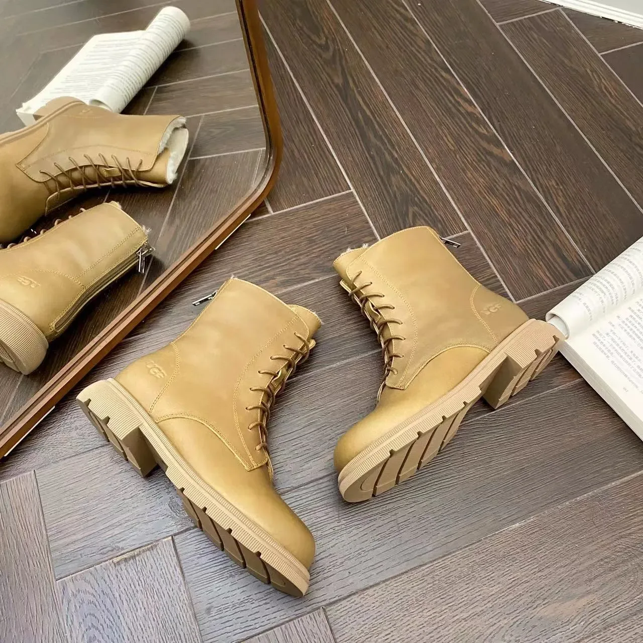 UGG Lace-Up Shearling-Lined Tan Ankle Boot 12
