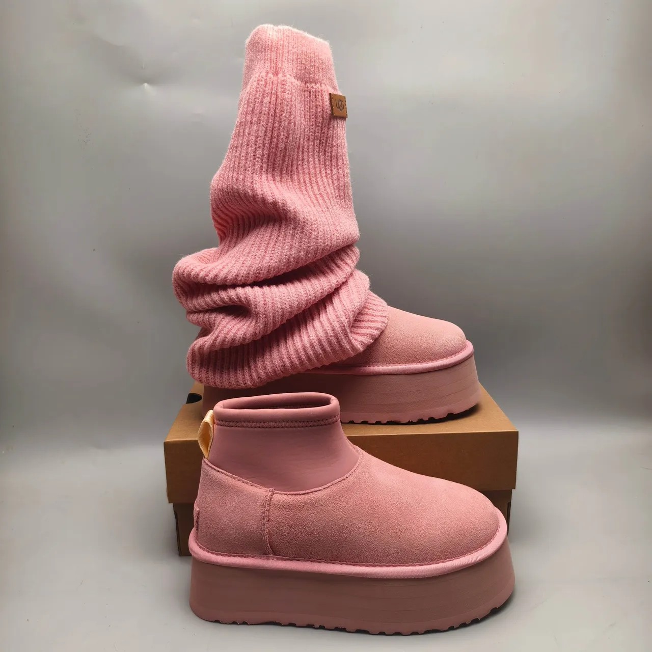 UGG Pink Yellow Platform Sole Suede Upper Ankle Boots 6