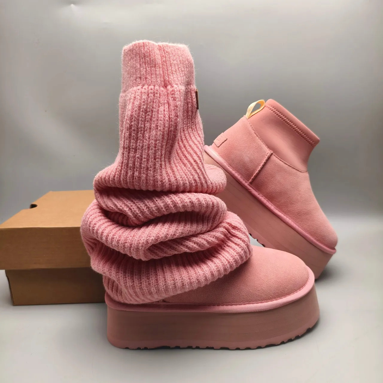 UGG Pink Yellow Platform Sole Suede Upper Ankle Boots 7