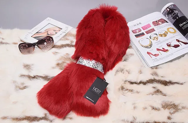 UGG Red Silver Faux Fur Sequined Band Scarve 6