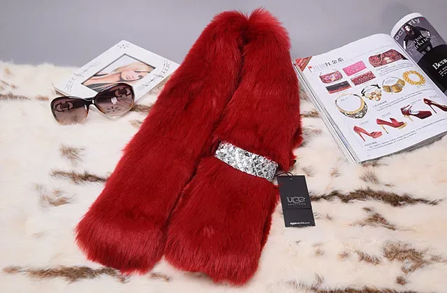 UGG Red Silver Faux Fur Sequined Band Scarve 8