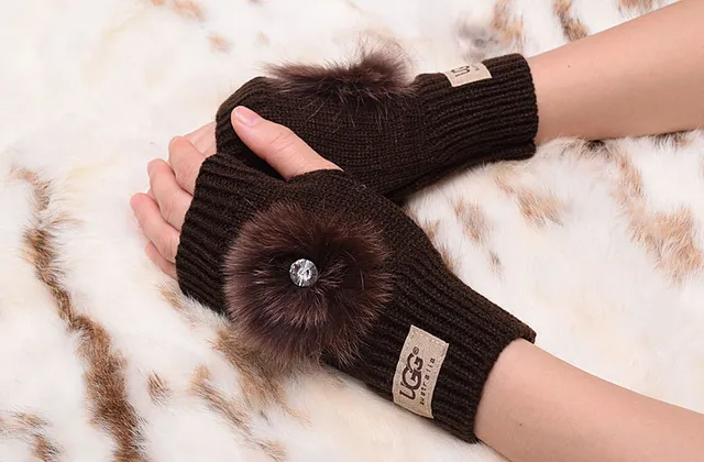 UGG Tasman Black Fingerless Ribbed Cuff Knit Gloves 16
