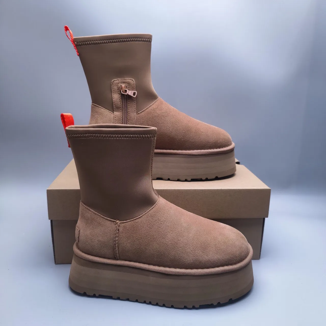 UGG Tasman Brown Red Platform Sole Elastic Knit Collar Snow Boots 7