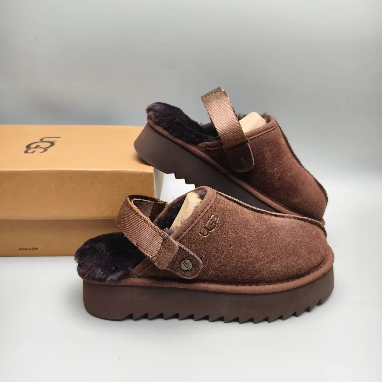 UGG Tasman Brown Suede Shearling-Lined Platform Slipper 5
