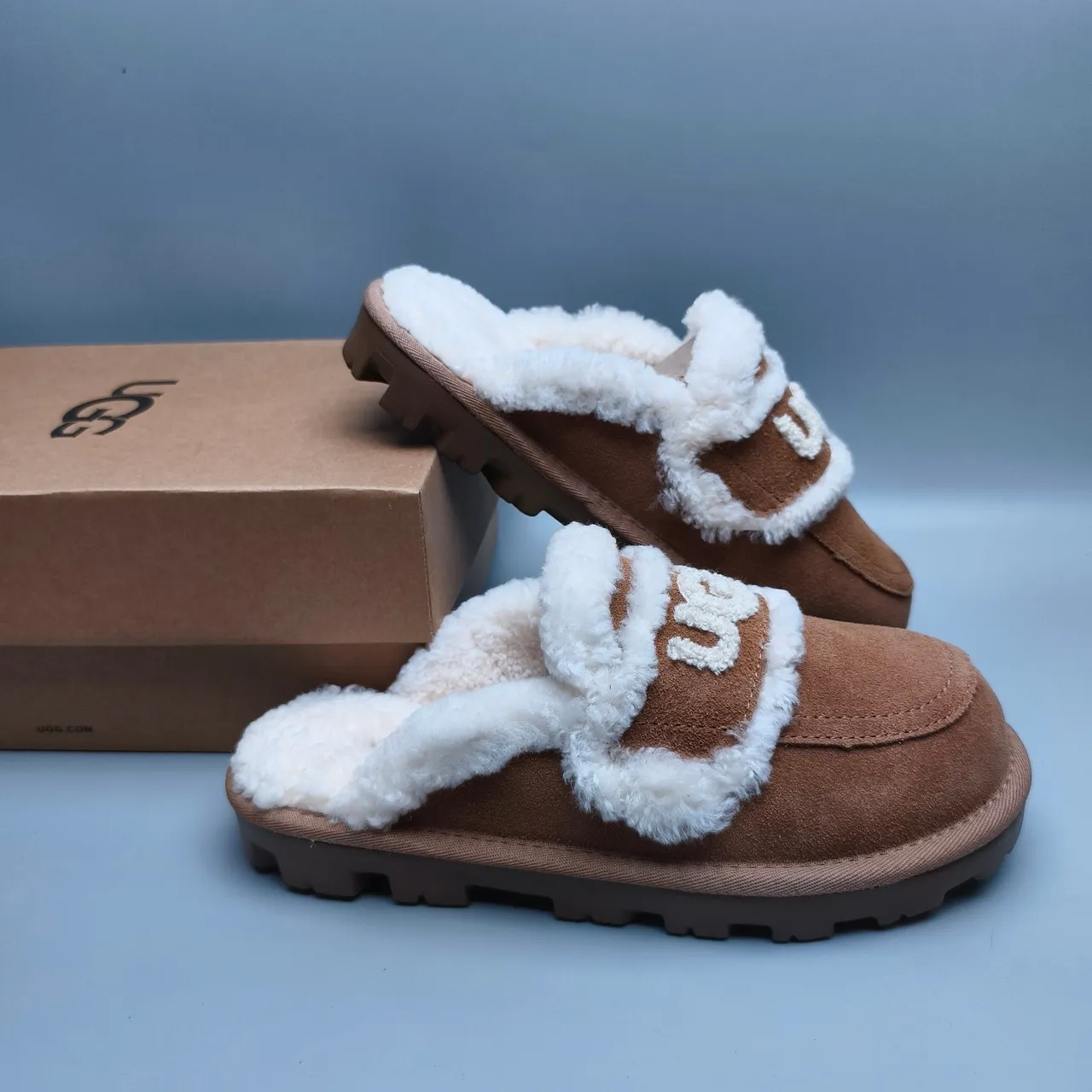 UGG Tasman Brown White Shearling-Trimmed Suede Upper Casual Shoes 6