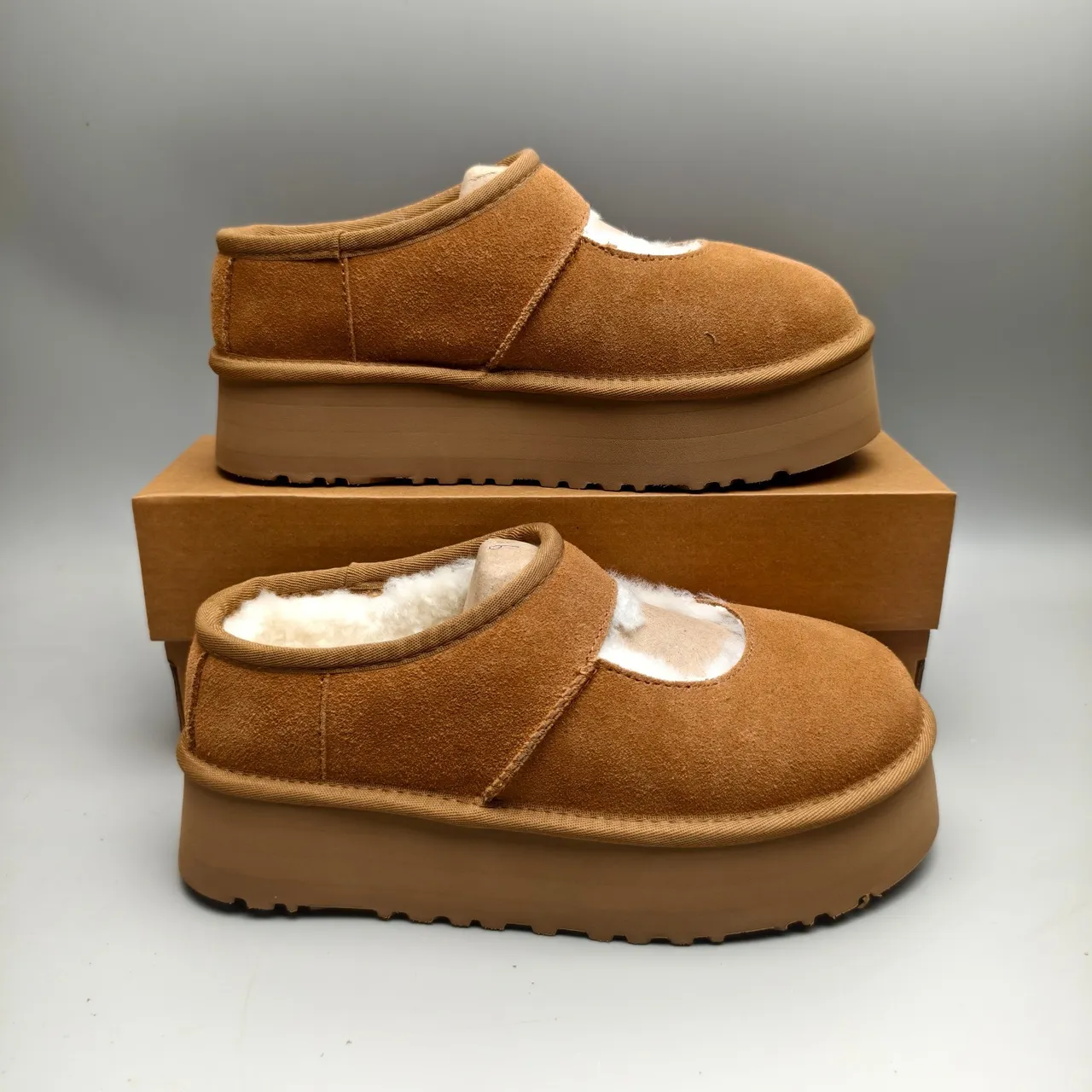 UGG Tasman Brown White Suede Upper Shearling-Lined Mary Jane Shoes 5