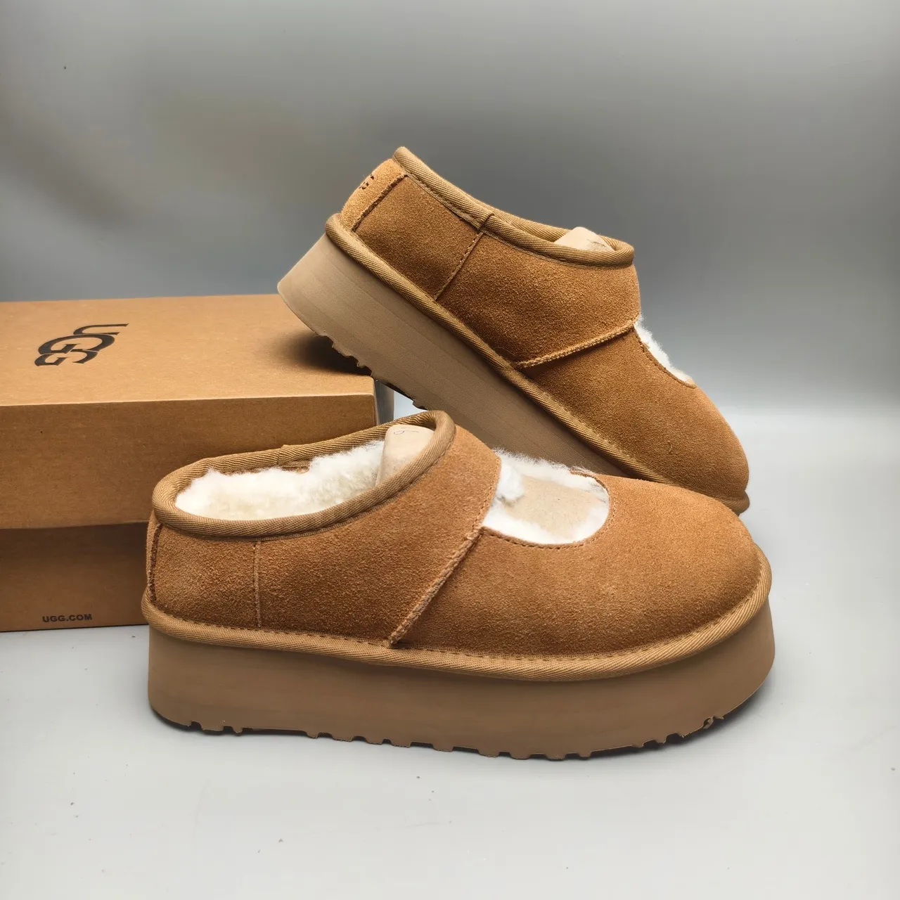 UGG Tasman Brown White Suede Upper Shearling-Lined Mary Jane Shoes 6
