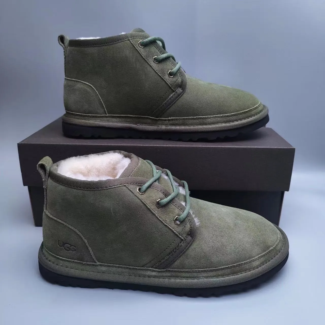 UGG Tasman Olive Green Suede Shearling-Lined Lace-Up Ankle Boots 2