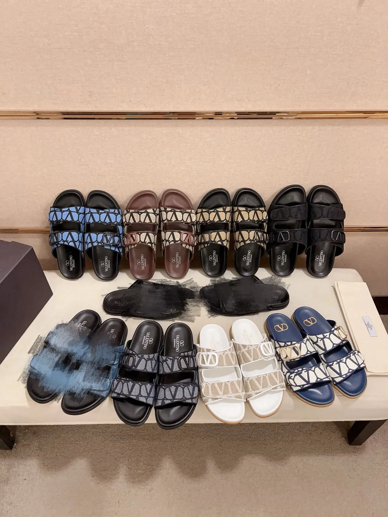 Valentino Black Multicolor Double-Strap VLogo Buckle Slippers 1