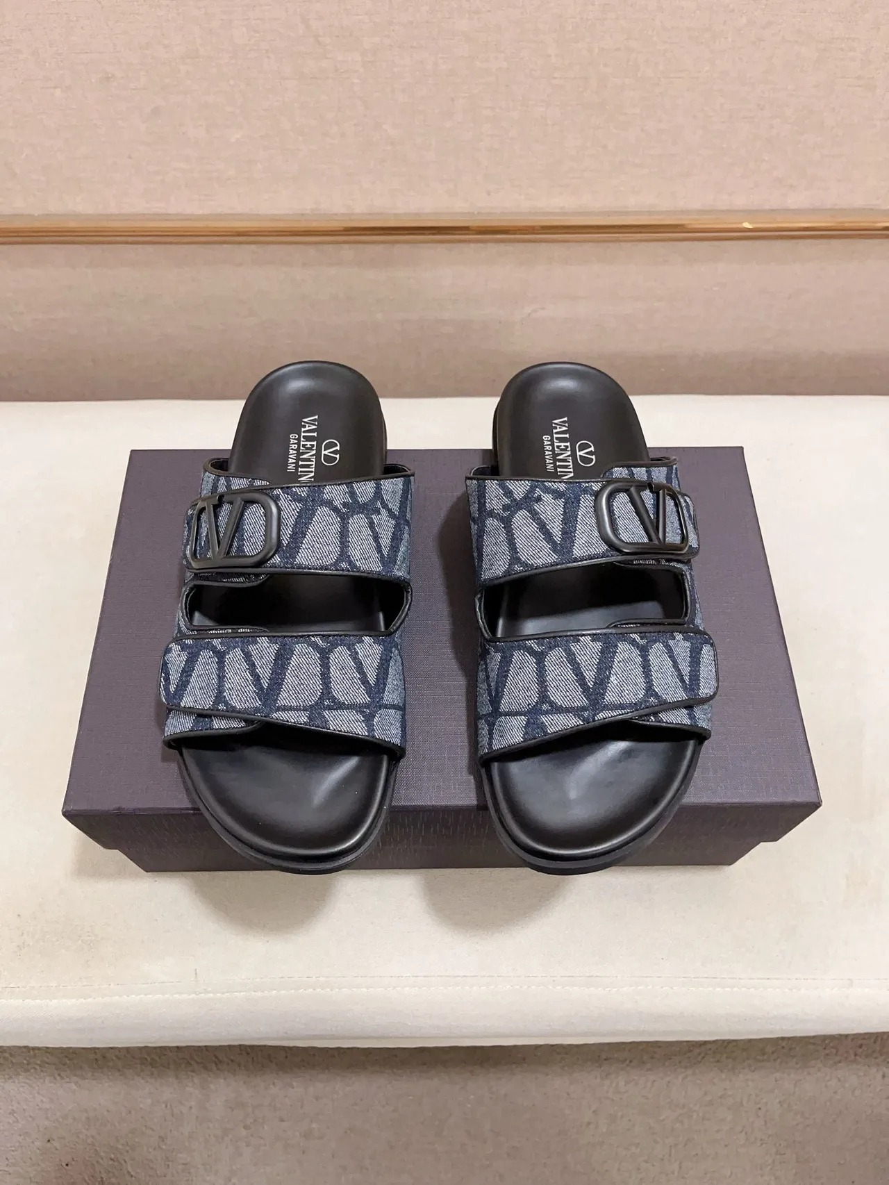 Valentino Black Multicolor Double-Strap VLogo Buckle Slippers 9