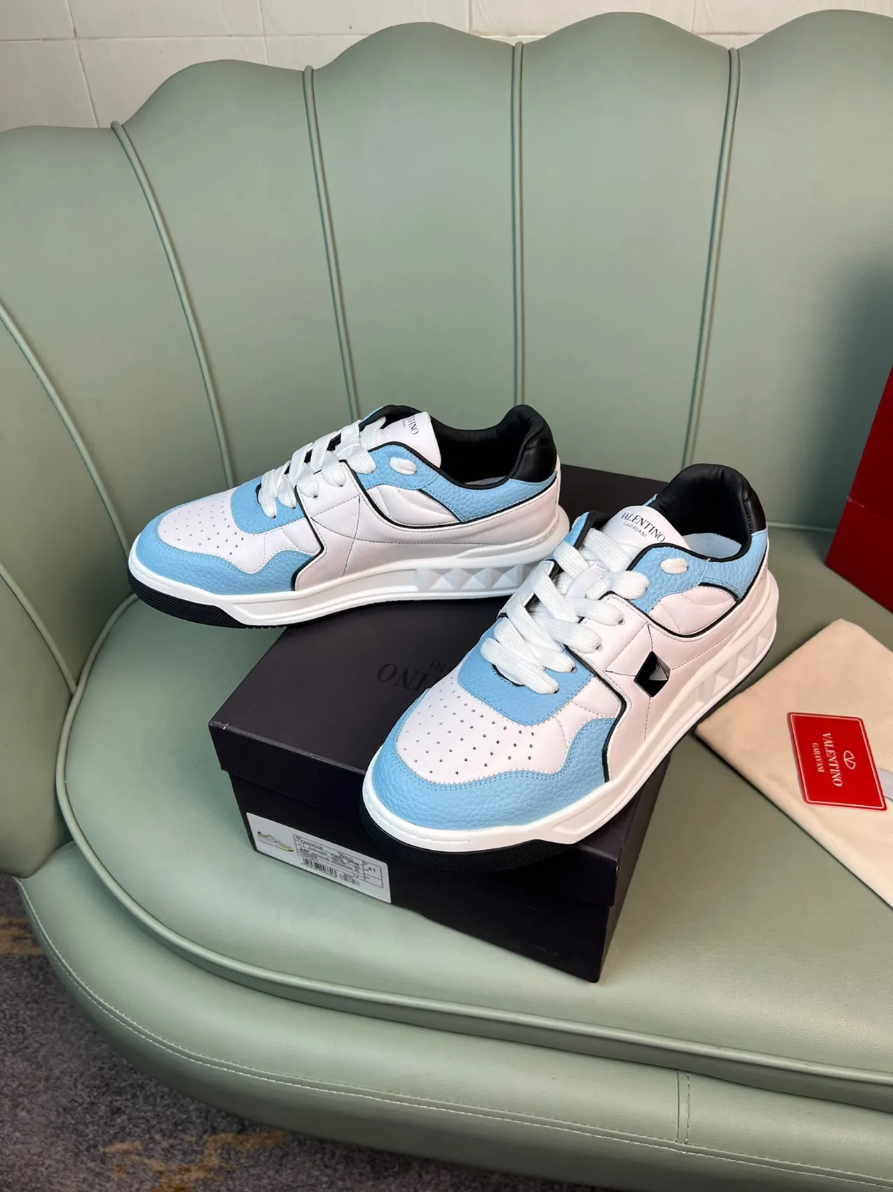 Valentino Blue White Chunky Platform Sole Multi-Panel Leather Construction Lifestyle Sneakers 3