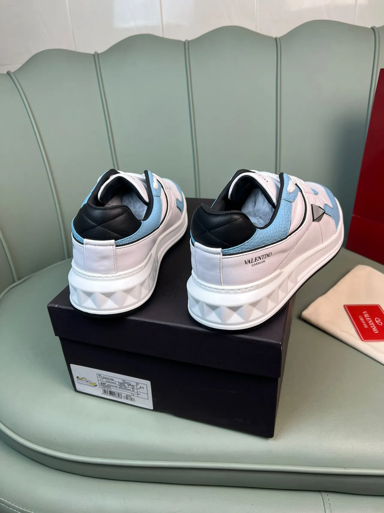Valentino Blue White Chunky Platform Sole Multi-Panel Leather Construction Lifestyle Sneakers 6