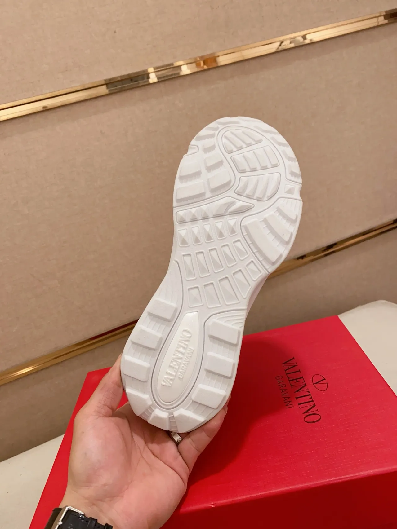 Valentino Green Beige Oversized V Logo Geometric-Patterned Textile Upper Chunky Sneakers 2