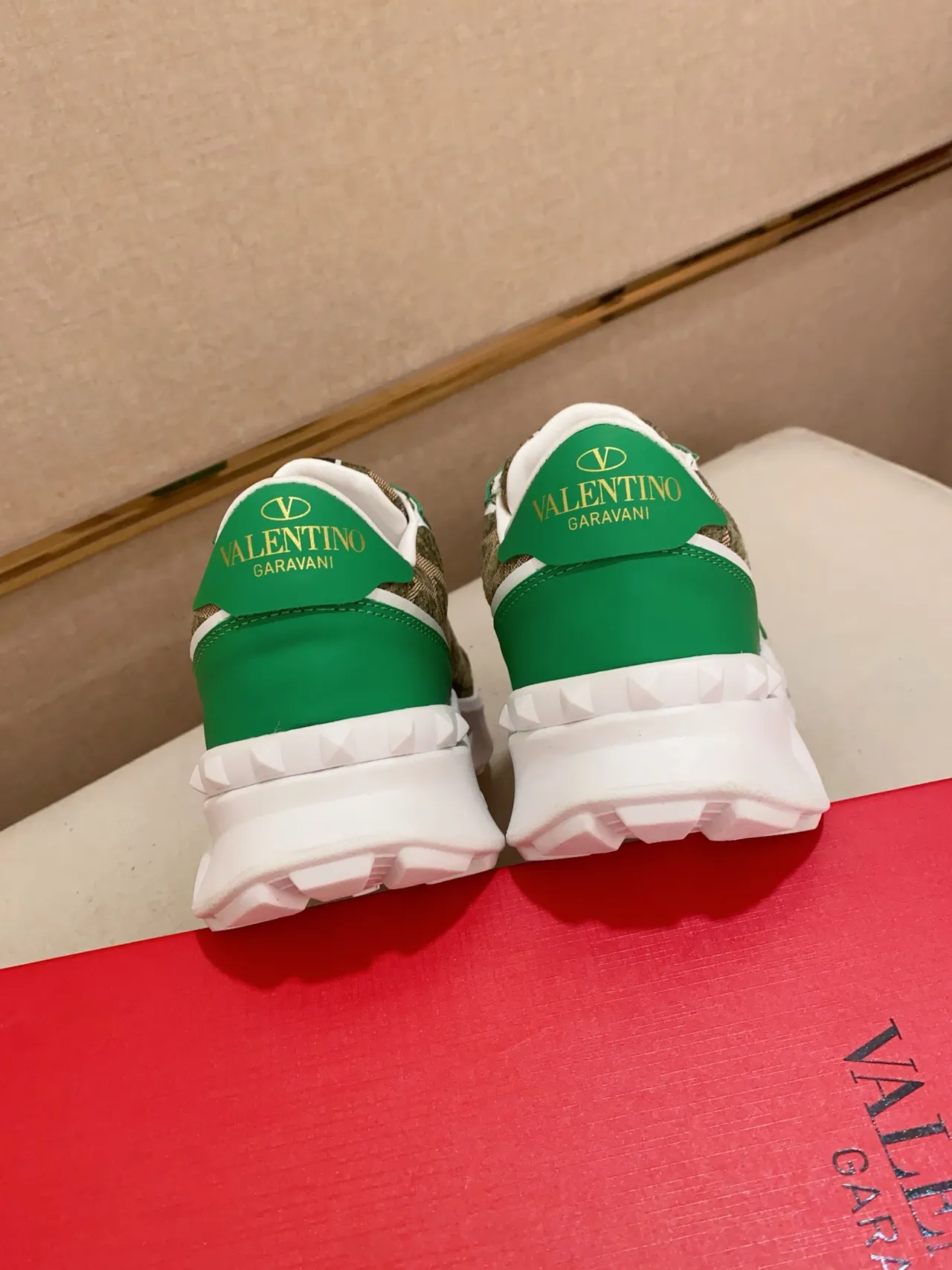 Valentino Green Beige Oversized V Logo Geometric-Patterned Textile Upper Chunky Sneakers 3