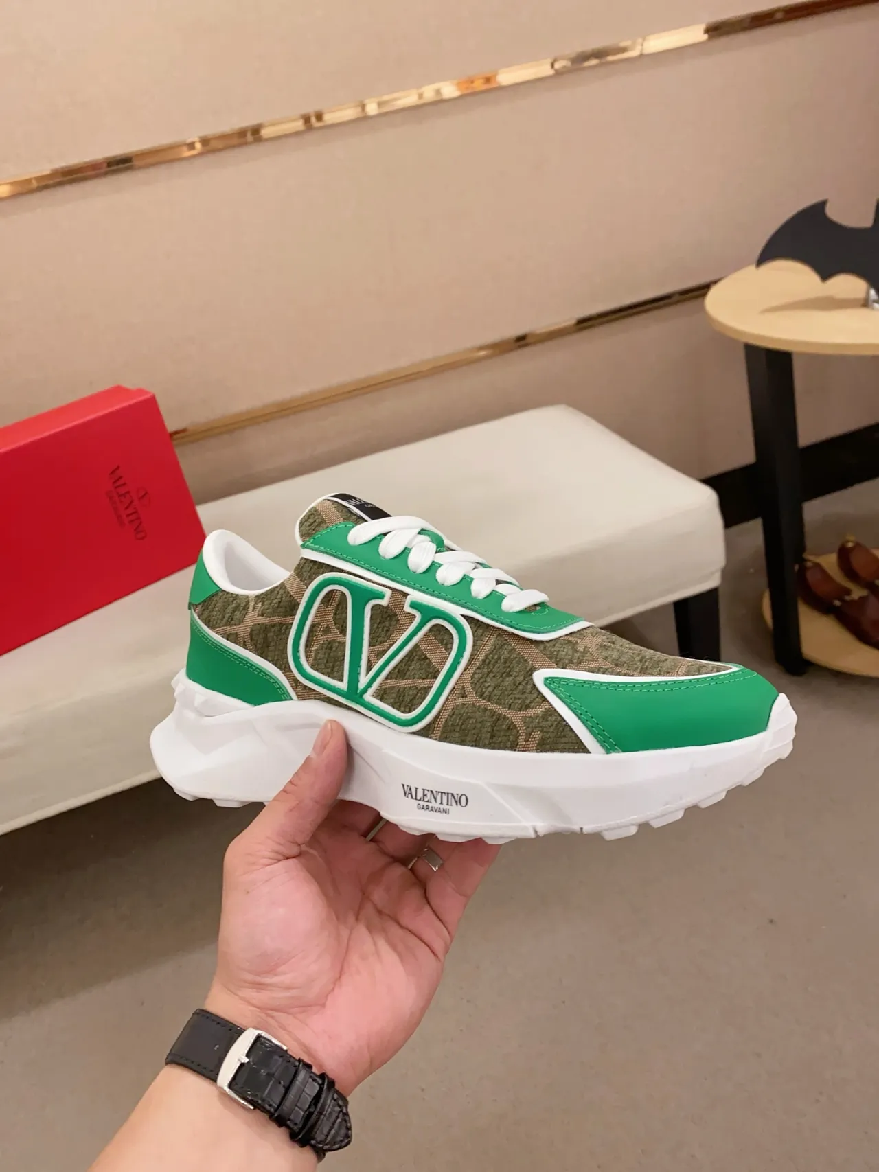 Valentino Green Beige Oversized V Logo Geometric-Patterned Textile Upper Chunky Sneakers 4