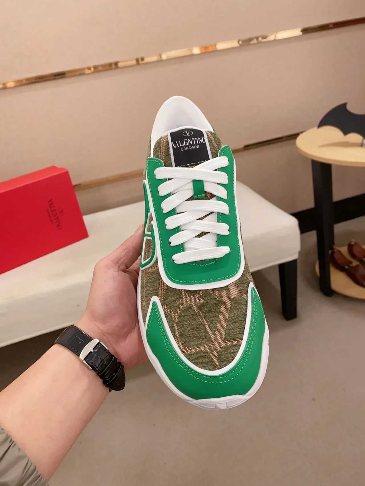 Valentino Green Beige Oversized V Logo Geometric-Patterned Textile Upper Chunky Sneakers 5