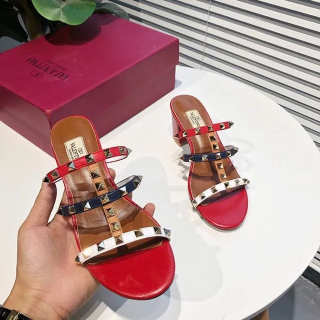 Valentino Rockstud Red White Navy Studded Gladiator Sandals 3