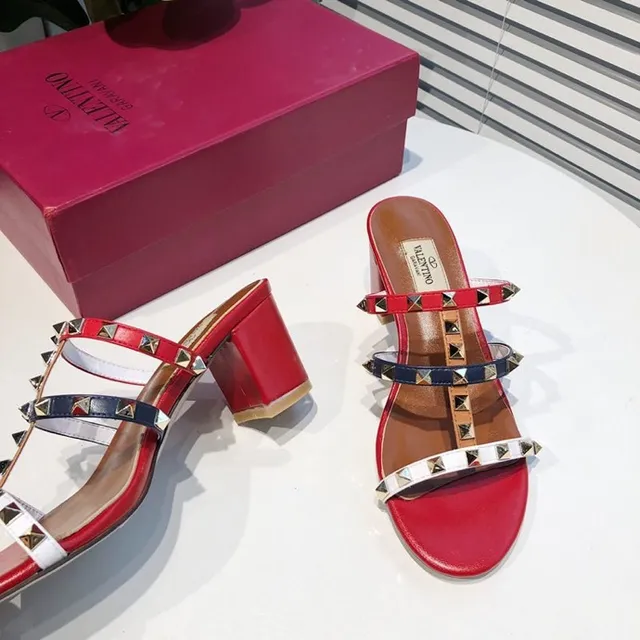 Valentino Rockstud Red White Navy Studded Gladiator Sandals 7
