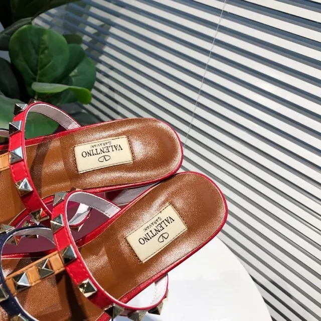 Valentino Rockstud Red White Navy Studded Gladiator Sandals 8