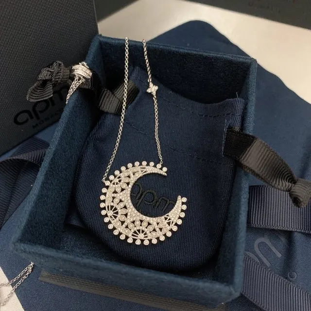 Van Cleef & Arpels Pendentif Lune Croissante Argent Blanc Pierres Pavé-Set Collier 3
