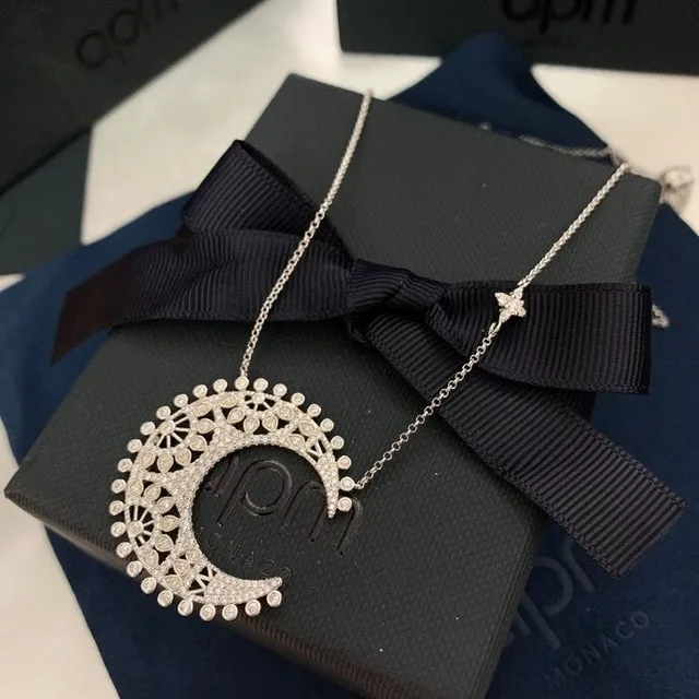 Van Cleef & Arpels Pendentif Lune Croissante Argent Blanc Pierres Pavé-Set Collier 9
