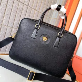 Versace 1862 Black Pebbled Leather Medusa Boston Bag