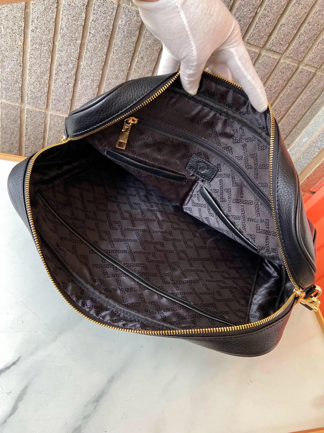 Versace 1862 Black Pebbled Leather Medusa Boston Bag 3