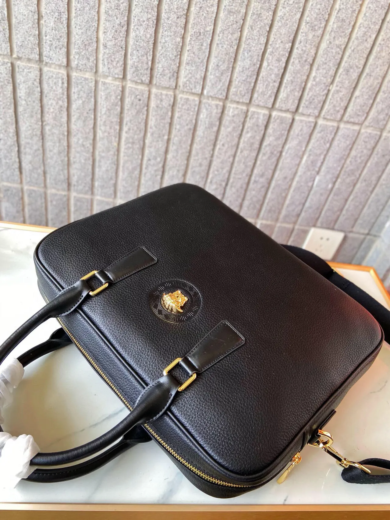 Versace 1862 Black Pebbled Leather Medusa Boston Bag 4
