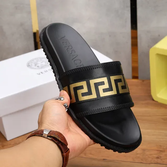 Versace Black Gold Leather-Like Strap Greca Key Pattern Slippers 5