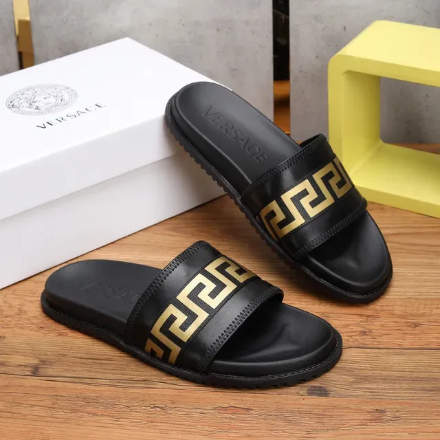 Versace Black Gold Leather-Like Strap Greca Key Pattern Slippers 6