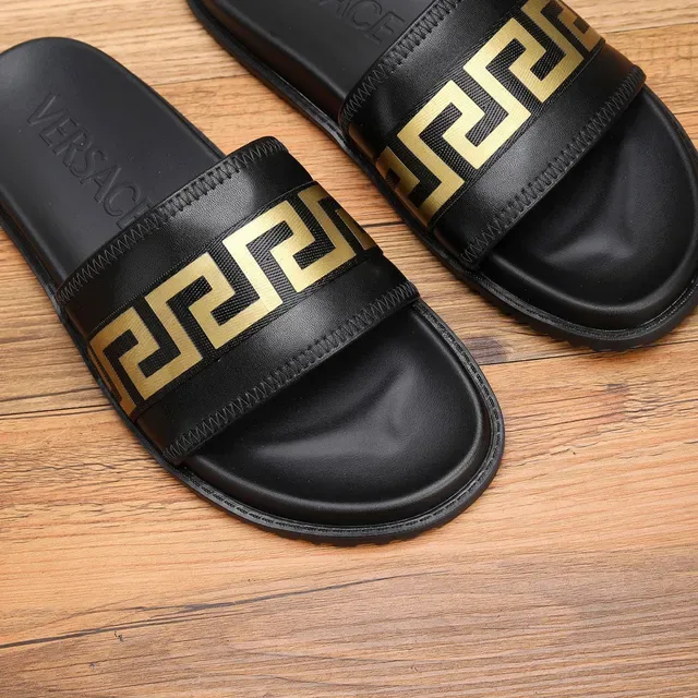 Versace Black Gold Leather-Like Strap Greca Key Pattern Slippers 7