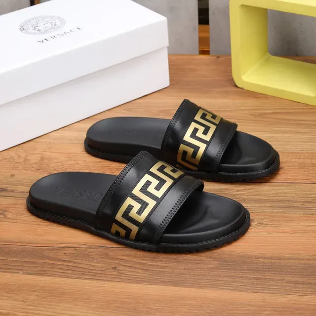 Versace Black Gold Leather-Like Strap Greca Key Pattern Slippers 9