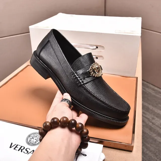 Versace Black Gold Pebbled Leather Medusa Head Hardware Loafer 6