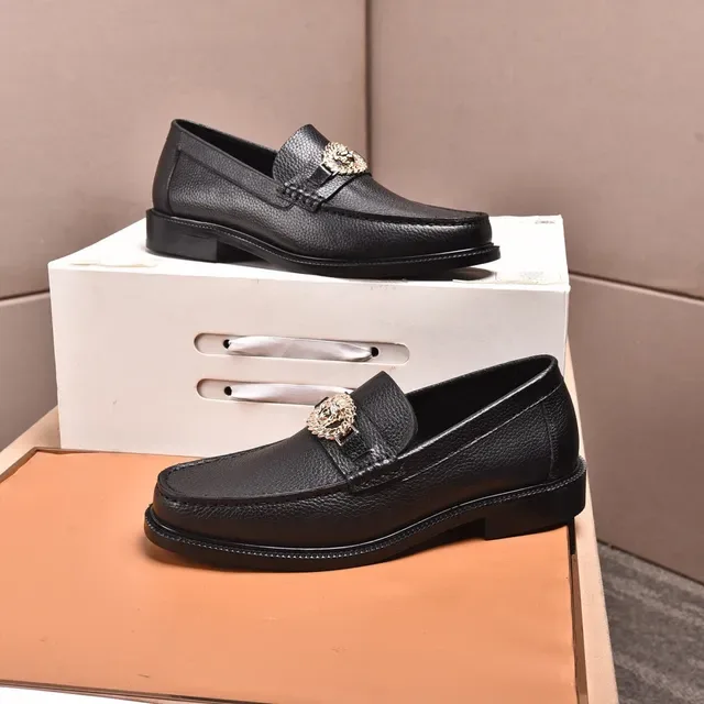 Versace Black Gold Pebbled Leather Medusa Head Hardware Loafer 8