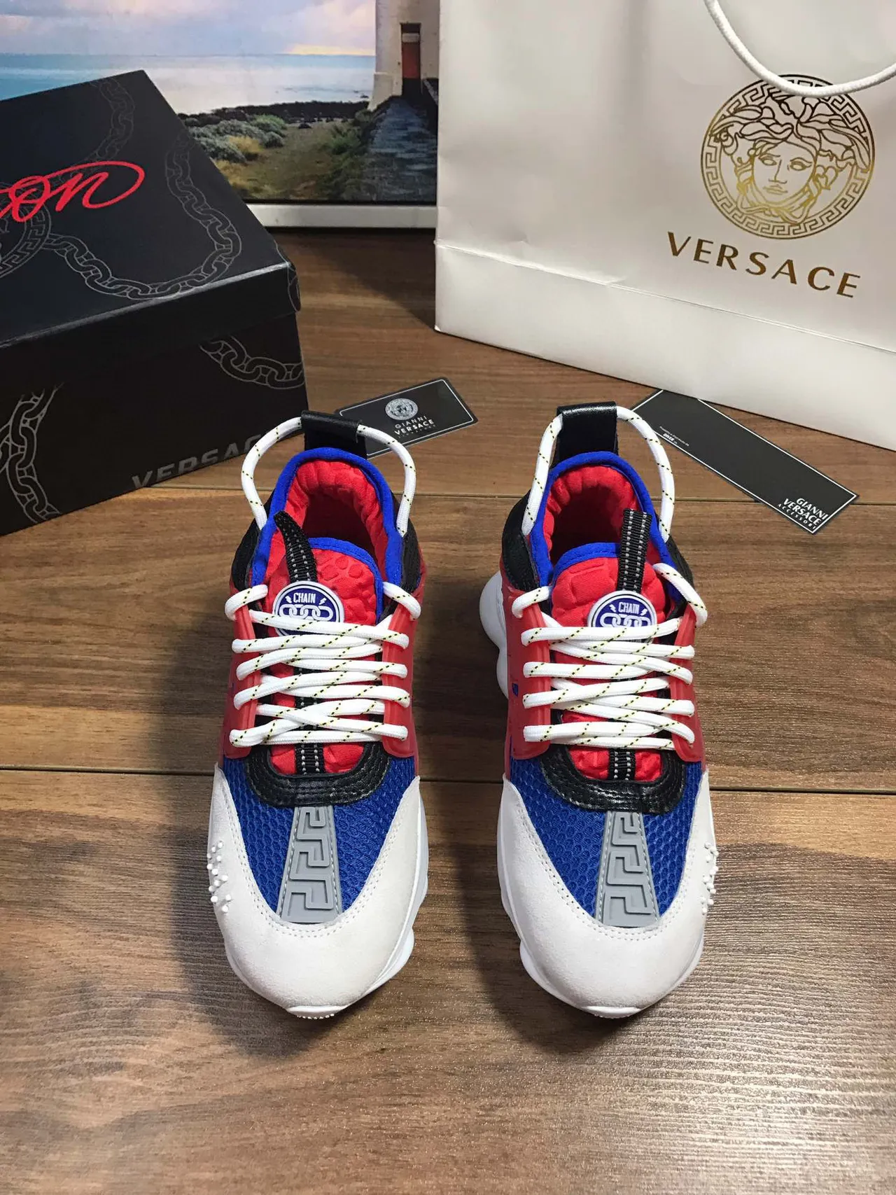 Versace Chain Reaction Red Blue White Chunky Sneakers 9