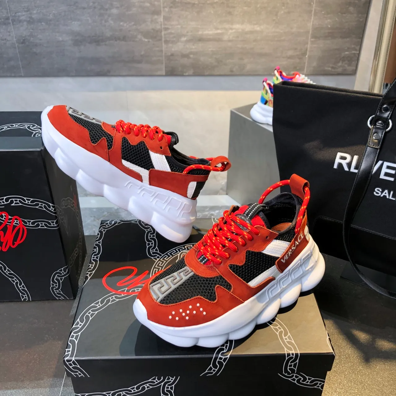 Versace Chain Reaction Rust Orange Black White Chunky Sneakers 2