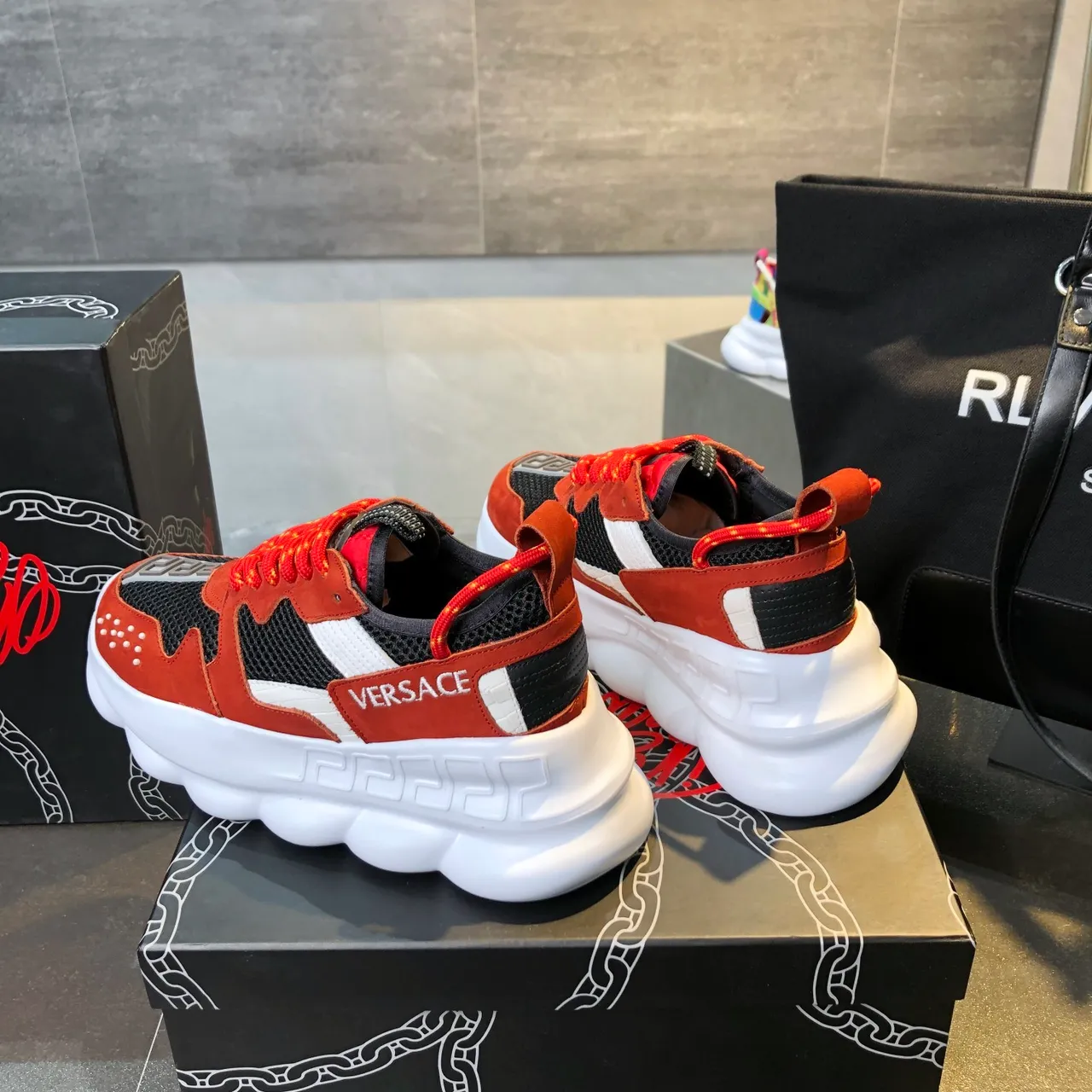 Versace Chain Reaction Rust Orange Black White Chunky Sneakers 3