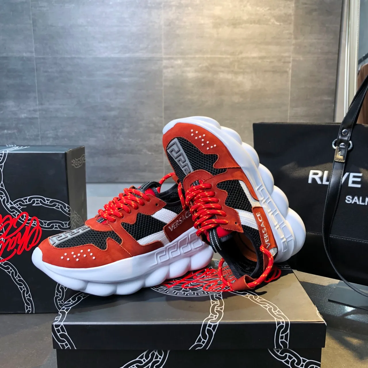 Versace Chain Reaction Rust Orange Black White Chunky Sneakers 4