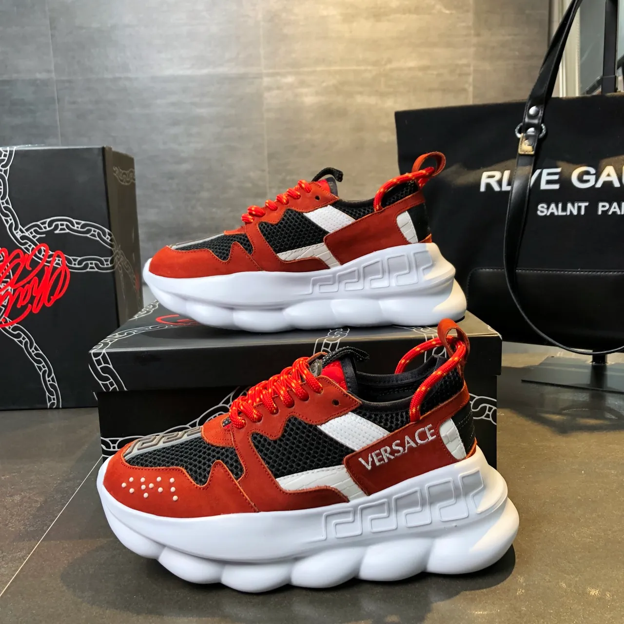 Versace Chain Reaction Rust Orange Black White Chunky Sneakers 5