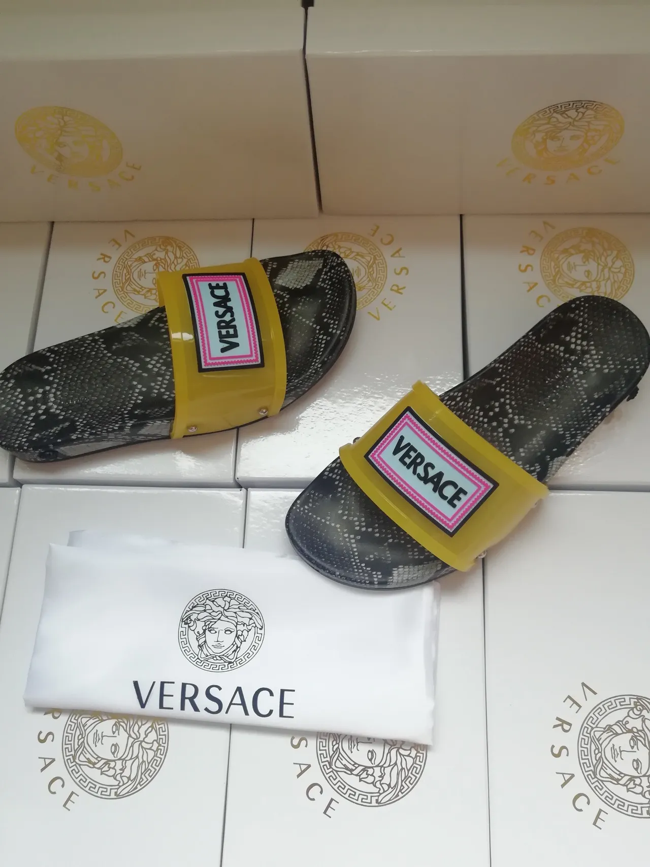 Versace Chain Reaction Snakeskin Yellow Strap Slippers 2