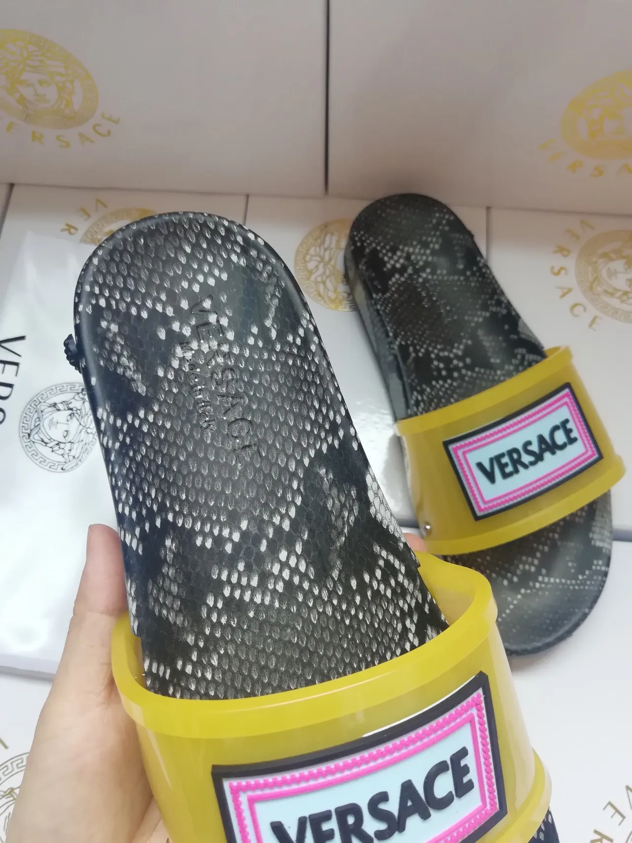 Versace Chain Reaction Snakeskin Yellow Strap Slippers 3