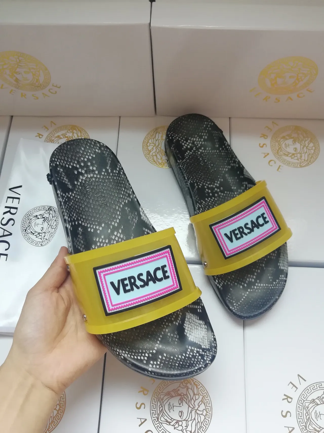 Versace Chain Reaction Snakeskin Yellow Strap Slippers 4